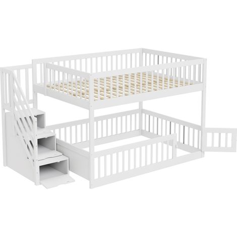 Cama litera infantil 140 x 200 cm blanca con escalera de almacenaje y cajones (1/5)