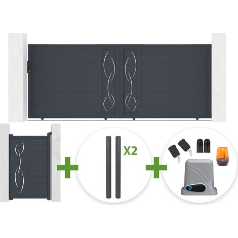 Portail coulissant 4m LIFE H.160cm gris + Portillon 1m LIFE H.160cm gris + 4 poteaux ELDA + motorisation Tanker C600 (1/5)
