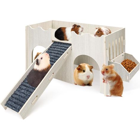 Large Guinea Pig Hideout Wooden Guinea Pig Castle with Feeding Basin Toys for Chinchilla Hamster Hedgehog Rabbit (1/5)