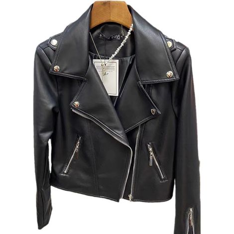 Veste moto femme courte coupe slim cuir PU ceinturée 2024 mi-saison automne printemps blouson perfecto ajusté taille fine manteau femme élégant (1/4)