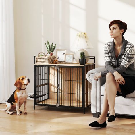 Jaula para Perros Mesa Auxiliar Moderna con Soporte Giratorio con 2 Tazones y 2 Puertas 80x56x76,5 cm Roble (1/5)
