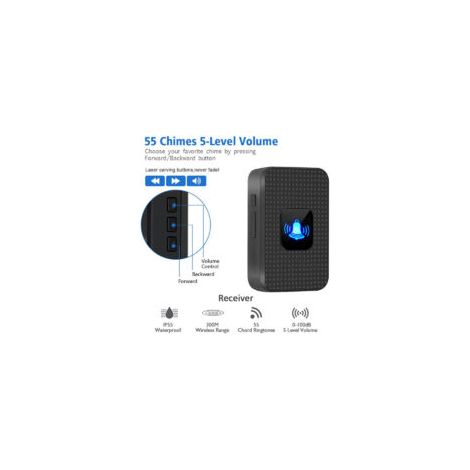 Campanello senza fili, mini campanello IP55 impermeabile per esterni, kit di suoneria elettronica con portata di 300 m, 55 melodie a 5 livelli di volume, LED blu per casa, ufficio, hotel, emergenza, n