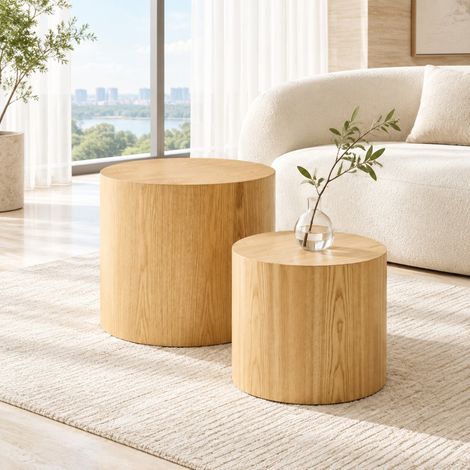 Tavolino basso rotondo impilabile 2 pezzi Ø48 x 38 cm + Ø38 x 32 cm, naturale, DESVIAE (1/5)