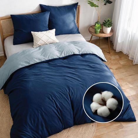 1 Parure De Lit 3 Pièces Housse De Couette 200x240 Coton Réversible Bleu Foncé Taies 65x65 Adulte (1/5)