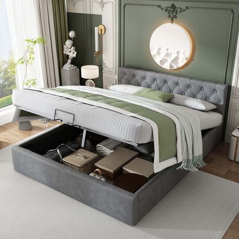 Lit rembourré 140x200 cm gris en velours, lit double avec tête de lit capitonnée, sommier à lattes inclus, coffre de rangement hydraulique, sans matelas (1/5)