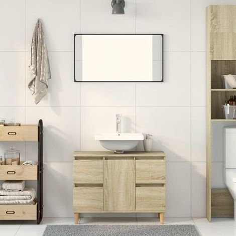 Meuble de Salle de Bain 80 cm avec Lavabo Intégré, Armoire de Toilette en Bois d'Ingénierie Style Chêne Sonoma, Meuble Vasque Suspendu 60x33 cm pour WC et Douche (1/5)
