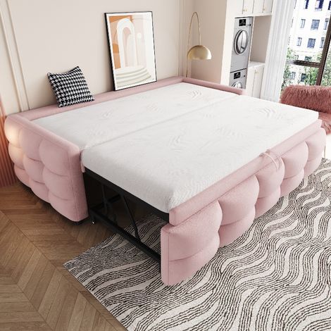 Ausziehbares Polsterbett mit Lattenrost, Schlafsofa 90x190 bis 180x190 cm, platzsparendes Multifunktionsbett aus Teddy Samt, Rosa (1/5)