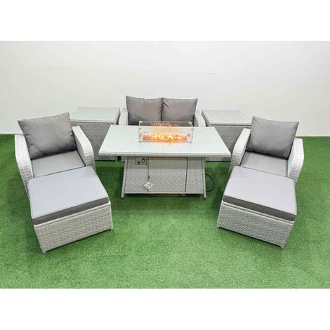 Fimous Light Grey PE Wicker Rattan Garden Furniture Set Sofa Set Reclining Chair Firepit Dining Table 6 Seater 2 Big Stools 2 Side Table (1/4)