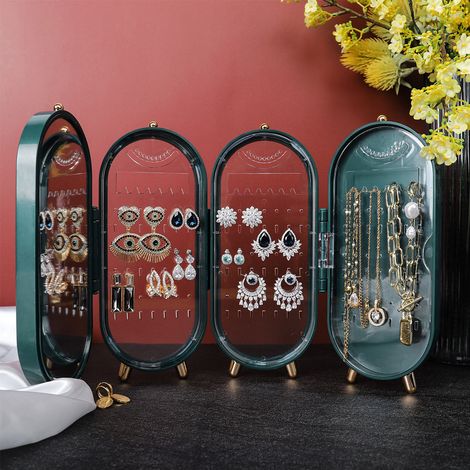 Green Dust Proof Jewelry Earring Necklace Storage Box with Mirror (1/5)
