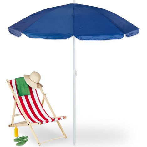 Relaxdays Sonnenschirm, Ø 160 cm, knickbar, höhenverstellbar, UV-Schutz, Strandschirm mit Tasche, Strand & Balkon, blau