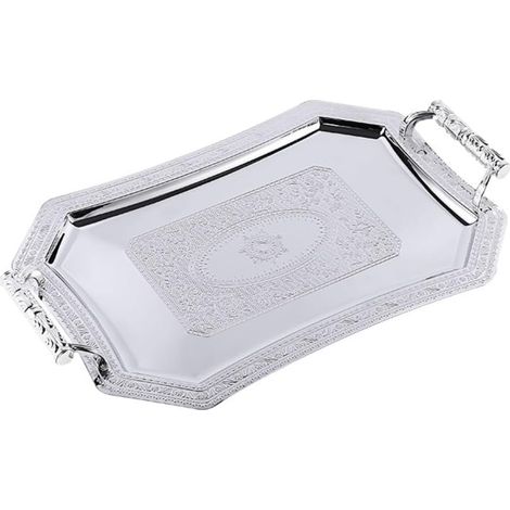 Plateau à dessert vintage avec poignées, plateau de service rectangulaire en acier inoxydable, assiette à dessert de style européen (argenté) (1/5)