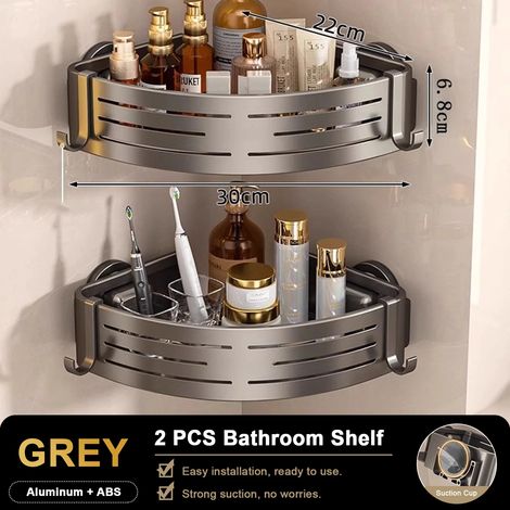 (gris-2) Étagère de douche triangulaire avec crochets à ventouses, sans perçage, organisateur de salle de bain, étagère d'angle en aluminium pour shampoing et savon, rangement de cuisine (1/5)
