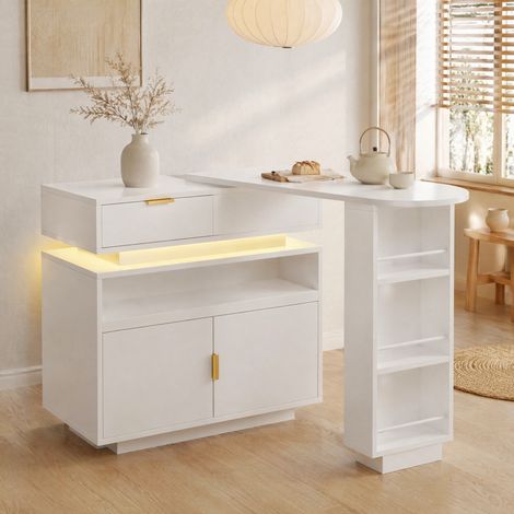 Isla de cocina 115-183/40/99,5 cm blanca, con tablero extensible, LED y almacenaje (1/5)