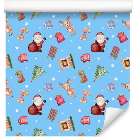 Papel pintado navideño azul celeste para salón y dormitorio, 50x1000 cm. (1/5)
