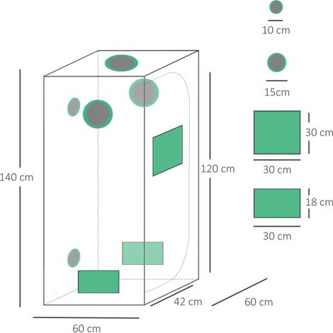 Tente de culture hydroponique en tissu Oxford 600D, pour une utilisation en intérieur, avec 3 aérations et fenêtres réglables, passe-câbles, 60 x 60 x 140 cm, noire (1/5)