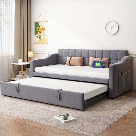 Divano letto estraibile 90x190 cm grigio in velluto con porte USB e rete a doghe (1/5)