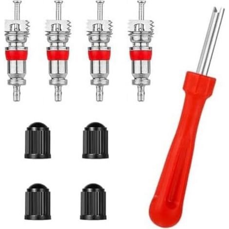 Lot de 9 Démonte-obus Valve, Outil Valve Pneu à Tête Unique avec 4 Obus et Bouchons, pour Vélo, Voiture, Moto, Camion - (1/5)