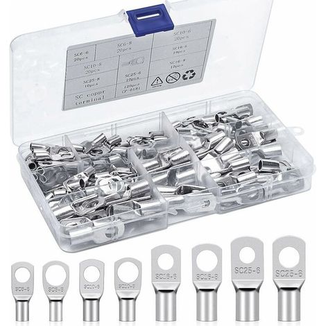 Crimp-Anschlussklemmen-Sets 6mm² 10mm² 16mm² 25mm² Ringkabelschuhe verzinnte Kupferklemmen SC-Steckverbinder für Autobatterien, Fahrzeuge, Motorräder (120 Stück)