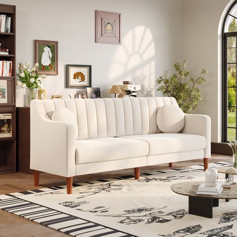 Divano a 3 posti moderno ed elegante - in velluto beige - schiena a strisce - zampe in legno massivo - 206L x 74L x 83H cm (1/5)