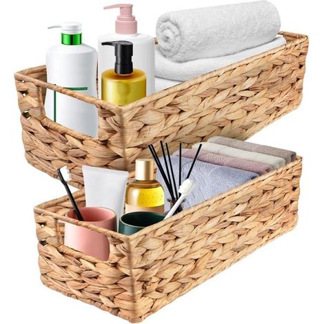 Panier de Rangement Tressé, Lot de 2 Corbeilles Osier avec Poignées, Organisateur Cuisine Salle de Bain (1/5)