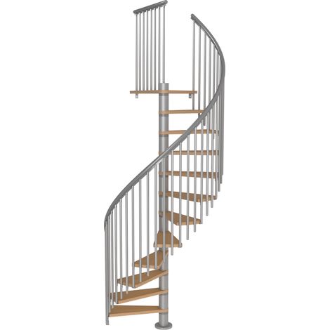Sogem – Escalier en colimaçon CALGARY Ø140 – Structure gris clair RAL 9006 – 11 marches en hêtre multiplex – Hauteur réglable 20,4 à 23,4 cm