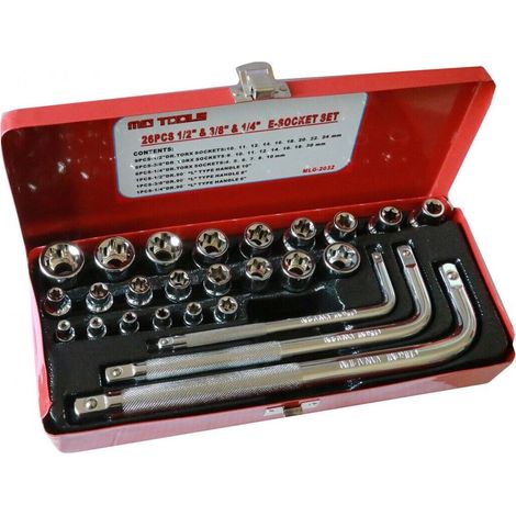 26 CHIAVI BUSSOLE TORX FEMMINA E4-E24 PROLUNGHE ATTACCO 1/2" 1/4" 3/8"
