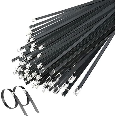 Collier de Serrage Noir 200mm, Attaches en Acier Inoxydable 50 Pièces, Inox Pour Bande Thermique Echappement, Entretenir les Clôtures et Auvents Pièces 2004.6mm (1/5)