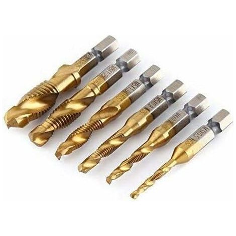 6pcs Set Forets taraudés, HSS M3-M10 Combinaison evêtue de titane 1/4 Foret taraudé métrique à pas de vis hexagonale (1/5)