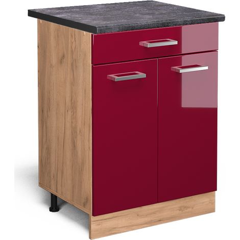 Mueble bajo de cocina R-Line, Rojo Burdeos alto brillo, 60 cm con cajón, ET Antracita, Vicco (1/5)