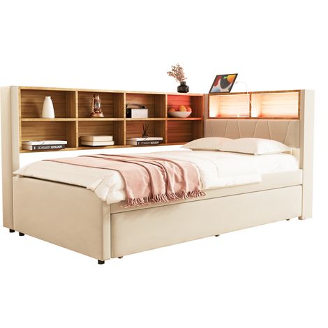 Banquette lit 90x200, lit tiroir 90x190, LED, prises et rangements, lit capitonné multifonction simple, flanelle, beige (1/5)