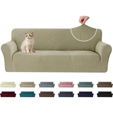 1 Housse Canapé 3 Places, Extensible, Polyester, Antidérapante, Protection Animaux, Kaki (1/5)