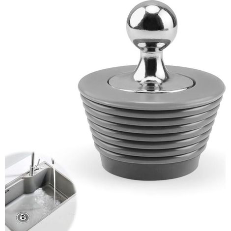 Tapón de desagüe para bañera, cónico, de silicona, con mango de aleación de zinc, apto para bañeras y fregaderos de cocina (gris). (1/5)