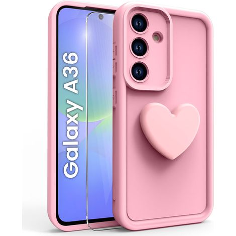 Coque pour Samsung Galaxy A36 5G, en silicone rose en forme de cœur + verre trempé 9H (1/4)