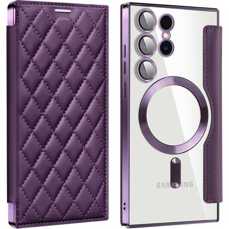Funda tipo cartera con protección RFID MagSafe para Samsung Galaxy S24 Ultra, color morado.