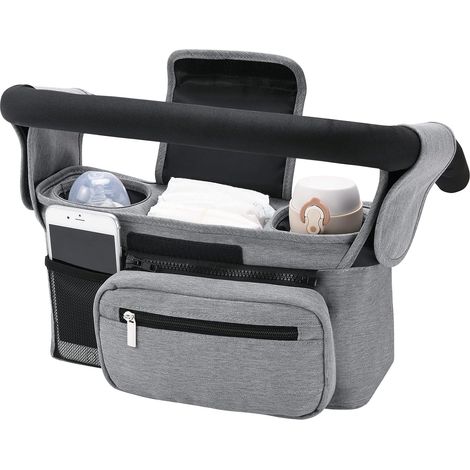 Organizzatore per passeggino, contenitore universale, 2 portabicchieri, portabottiglie termico grigio, grande capacità, passeggino, telefono, accessorio per neonati (1/5)