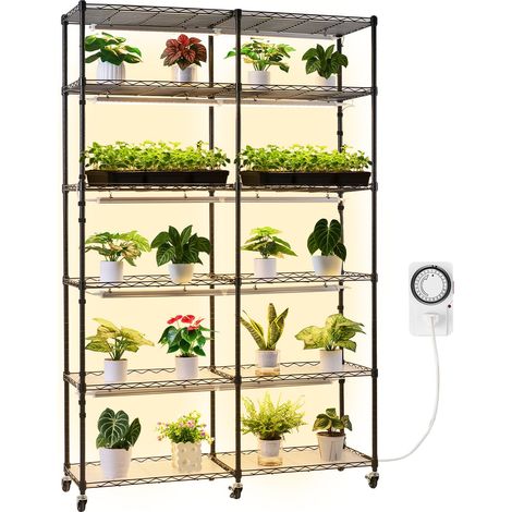 Support Plantes Intérieur avec Lampe de Croissance, Étagère Plantes 6 Niveaux en Métal, Double Rangée, Hauteur 180 cm, 200 W, avec Roulettes, Minuterie, Meuble Présentoir pour Pots de Fleurs (1/5)