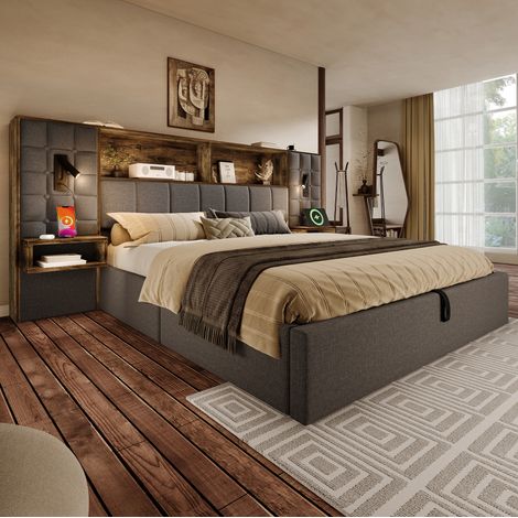 Lit coffre 160x200 avec chevets USB lin gris OKMYHOME (1/5)