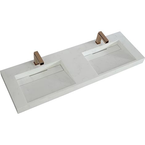 Double vasque suspendue en solid surface effet marbre blanc - L140.2 x l45.2 x H8 cm - KODIAK (1/5)