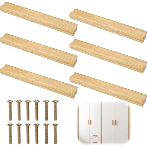 6 Pièces Poignée Meuble Bois 160mm, Poignee de Meuble Cuisine Bois, Cuisine Poignées de Tiroir en bois avec Vis, pour Portes, Tiroirs, Armoires (1/5)