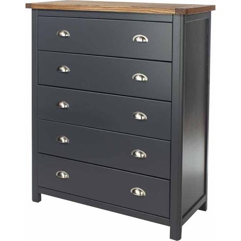 5 Drawer Chest - Hardwood/Softwood/MDF - 90 x 40 x 114.5 cm - Midnight Blue/Antique Oak Effect Wax (1/3)