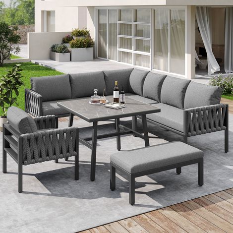 9-Sitzer Gartenmöbel aus Metall und Polyester mit Tisch, 3 Sofas, Sessel, Bank und dicken Kissen, Grau