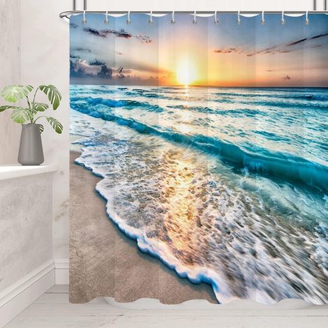 Rideau de Douche, 90x180cm, Été Tropical Vagues de l'Océan Coucher de Soleil Côtier Hawaii Mer Fraîche Bord de mer Tissu Imperméable Rideau de Salle de Bain Lavable en Machine avec Crochets (1/5)