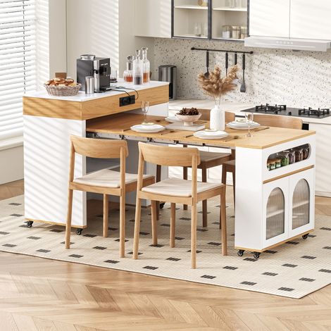 Mesa Extensible con 1 Cajón y 1 Armario, Tablero Deslizante, Enchufes Integrados, Salón 50.5×110.5×95.5 cm (1/5)