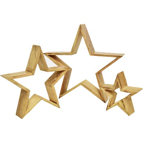 Mango Holz Stern Aufsteller 3er Set natur - 39 / 29 / 20 cm - Holz Weihnachtstern Tisch Deko - Advent Winter Weihnachten Tisch Fenster Dekoration