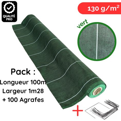 Toile de paillage avec agrafes Longueur 100m Largeur 1,28m anti mauvaises herbes Coloris Vert 130gr m2 ZENLYS tissée Pack Lot (1/5)