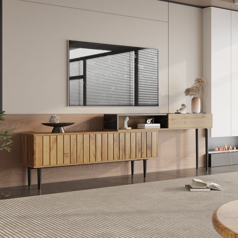 Meuble TV - Design Marbre et Bois - Bord PVC Renforcé - Pieds Métal Stables - Rangements Multiples -  Bois