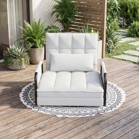Poltrona letto convertibile 4 in 1, poltrona pieghevole 1 posto in velluto beige con schienale regolabile in 5 posizioni e tasche portaoggetti