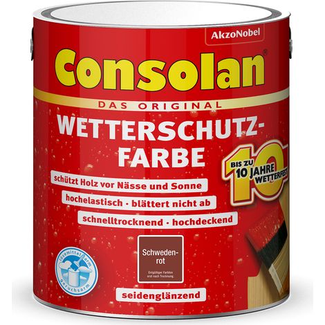 Consolan Wetterschutzfarbe, Deckender Holzschutz für Außen, Schwedenrot, 2,5L