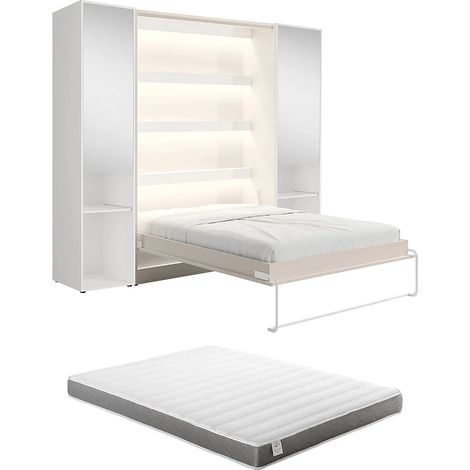 Letto a scomparsa verticale 140 x 200 cm 2 colonne contenitore Con specchi e LED Beige + Materasso - RAPILI (1/5)