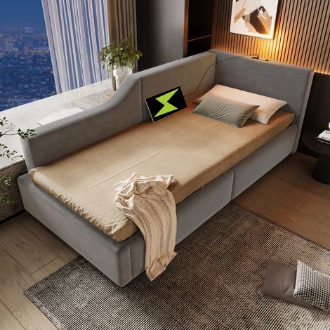 Bett Tagesbett klassisch 90x190 cm Samt Grau mit hydraulischem Stauraum, Leselicht, USB-C und Lattenrost (1/5)